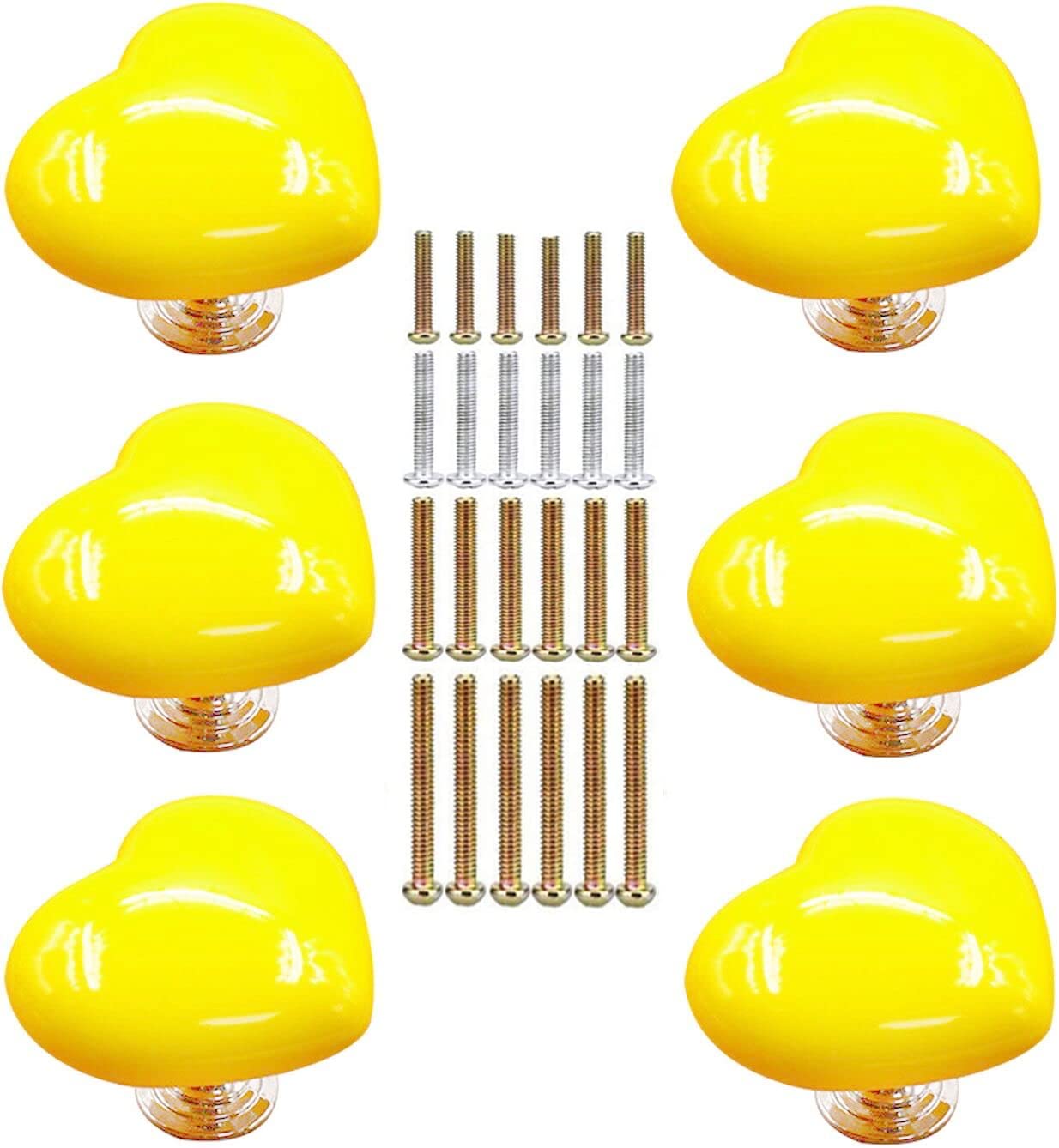 MayGreeny 6Pcs Ceramic Kitchen Cabinet Knobs with 4 Sizes Screws, Heart Shape Drawer Handles, Cupboard Door Knobs for Dresser Drawers and Kitchen, Bathroom Cabinet (50 * 38 * 42mm, Yellow)