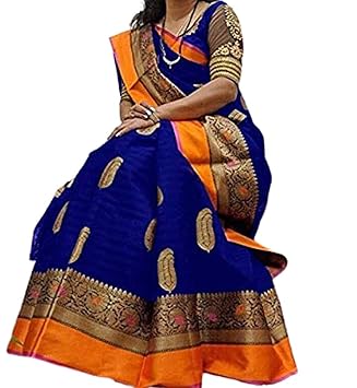 Women's Cotton Silk Saree with Blouse Material(Blue)