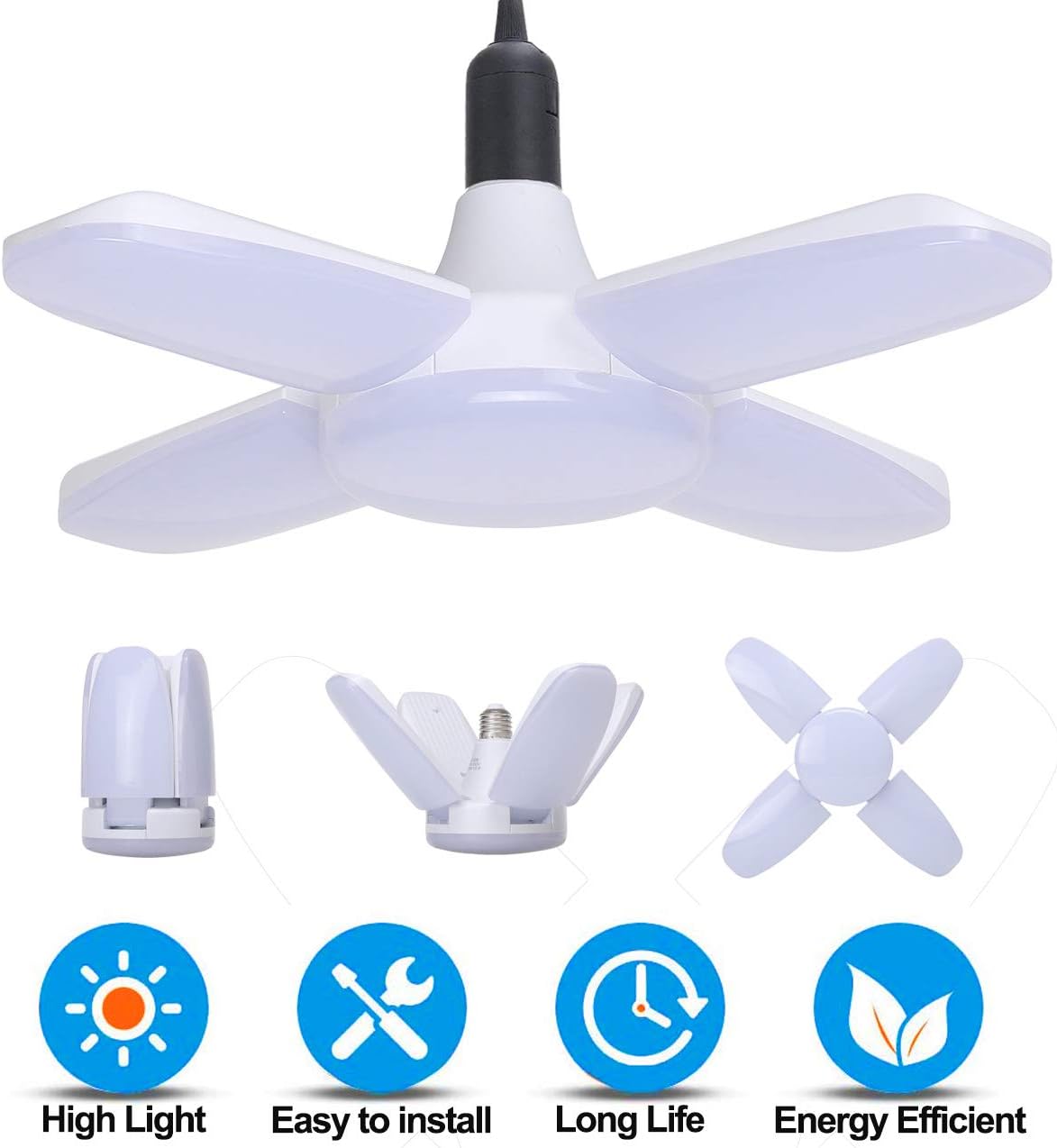 LED Garage Lights 60W Deformable Garage Ceiling Lighting E26 6000LM Daylight LED Light Bulbs Adjustable Led Shop Lights Super Bright Working Light for Garage Workshop Barn Warehouse Basement