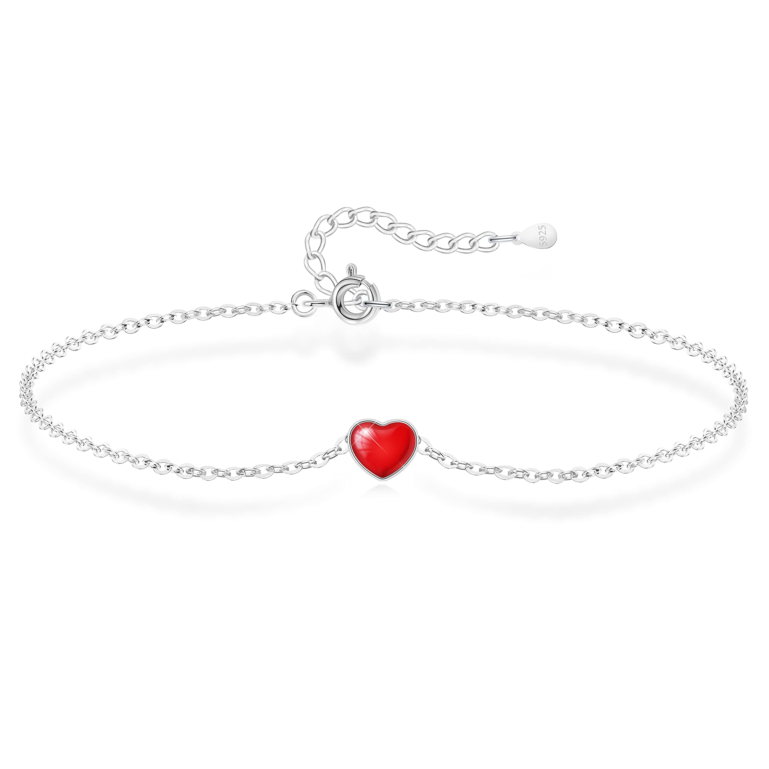 KristLand 925 Silver Heart Bracelet Red Heart Bracelet Sterling Silver Hand Chain White Gold Plated Adjustable Silver Bracelet Anniversary Birthday Gifts for Women Ladies Girl