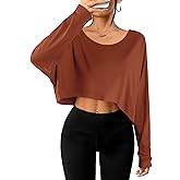 Remidoo Womens Batwing Long Sleeve Crop Top Crewneck Oversized Tshirt Casual Loose Shirt