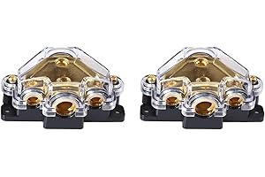 Bumbesti 2 Pack 0/2/4 Gauge in 4/8/10 Gauge Out 3 Way Power Distribution Block for Car Audio Splitter Gold