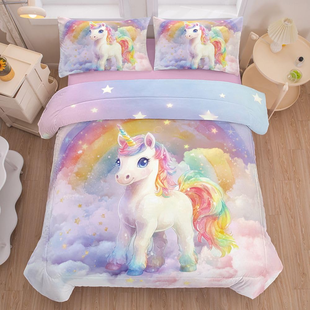 Photo 1 of Helloosuu 5PCS Unicorn Comforter Sets Queen,Queen Comforter Set for Girls,Cute Unicorn Bed Set for Kids,Girls,Teens,All Season Use