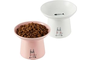 OMAYKEY 6.5 Inch Extra Wide Ceramic Raised Cat Bowls, Elevated Cat Bowl for Food and Water, Wide Shallow Cat Food Feeder Dishes, Whisker Fatigue, Anti Vomiting, Protect Spine, White & Pink