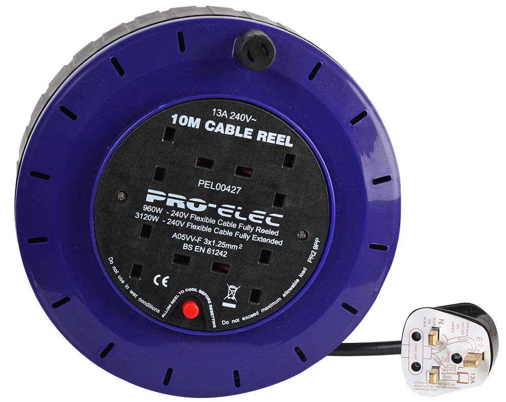 PRO ELEC PEL00427 4 Socket Cassette Reel,Blue, 13A, 10 m