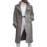 Ebifin Men's Notch Lapel Double Breasted Long Trench Coat Casual Cotton Blend Peacoat