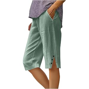Womens Linen Bermuda Shorts Knee Length Elastic Waist Summer Casual Buttons Side Split Beach Shorts with Pockets