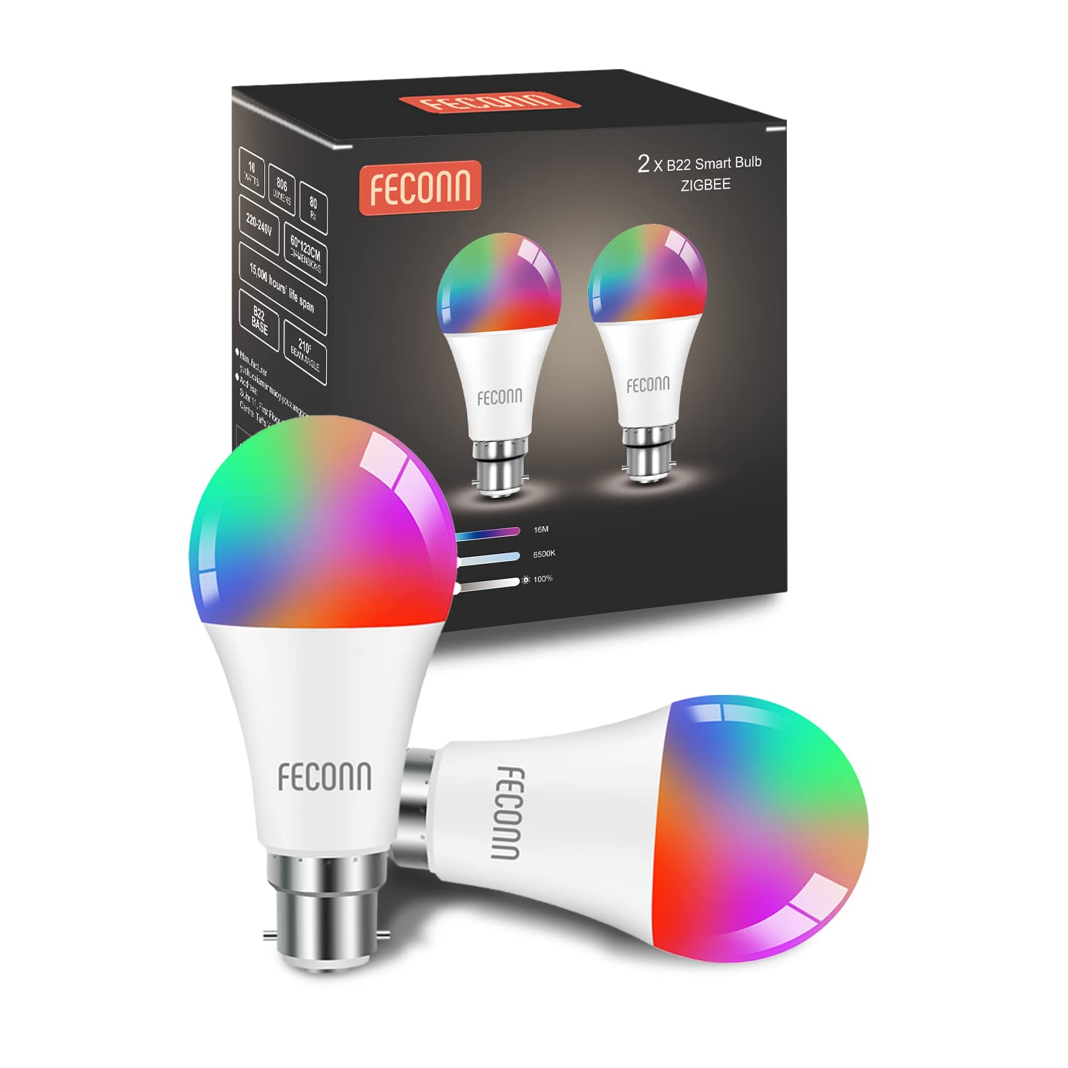 FECONN Zigbee Smart Bulb Bayonet, Compatible with Hue*, Alexa & Google (Hub Required), ConBee, 10W=60W, Dimmable LED B22 Smart Lights, RGBCW, 2 Pack
