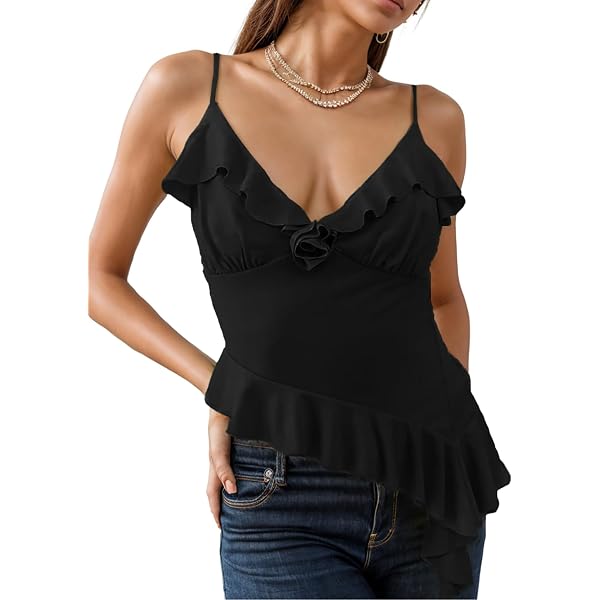 MakeMeChic Women's Plus Size Camisole Top - Asymmetrical Ruffle Tiered Spaghetti Strap Cami - View #9