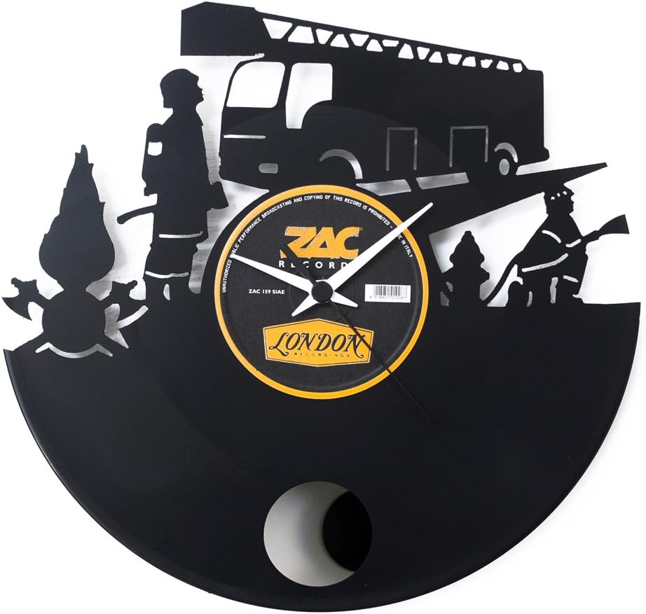 Vinyl Clock Fireman Gifts Clock Firefight ceremony gift idea Wall clock with pendulum Black color Original Vinyluse Made In Italy