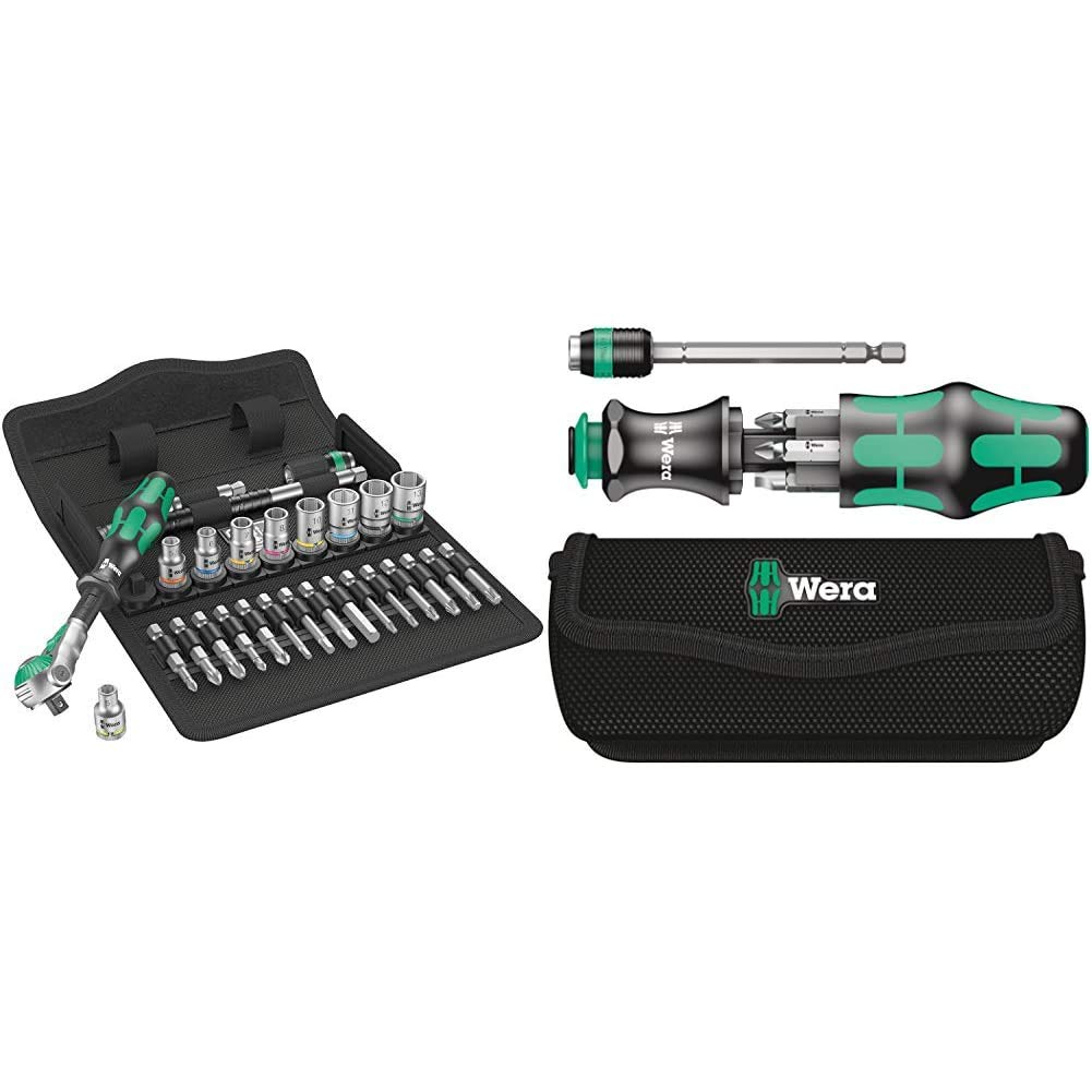 Wera 8100 SA 6 Zyklop Speed Ratchet Set, 1/4" Drive, Metric, Silver, 28 Pieces - 05004016001 & Compact Tool Set Kraftform 20" with Pouch, SL/PH/PZ, 7 Pieces