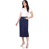 Rekucci Women's Secret Figure Stretch Denim Midi Skirt – Mid-Rise Jean Skirt with 5 Pockets & Back Vent