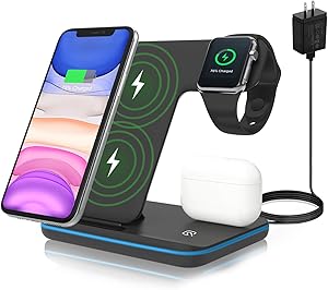 Wireless Charger,ZHIKE 3 in 1 Qi-Certified 15W Fast Charging Station for Apple iWatch Series 5/4/3/2/1,AirPods,Wireless Charging Stand for iPhone 11 Series/XS MAX/XR/XS/X/8/8 Plus/Samsung(With a plug)