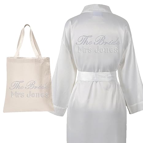 Personalisierbarer luxuriöser Satin-Bademantel & Tasche mit Aufschrift aus Kristallsteinen für die Braut, die Hochzeit, Kimon
