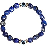 Jewever Real Lapis Lazuli with Evil Eye Beaded Bracelets Stretch Tumbled Chips Stones Reiki Bracelet for Women Men Lucky Positivity Mens Bracelet
