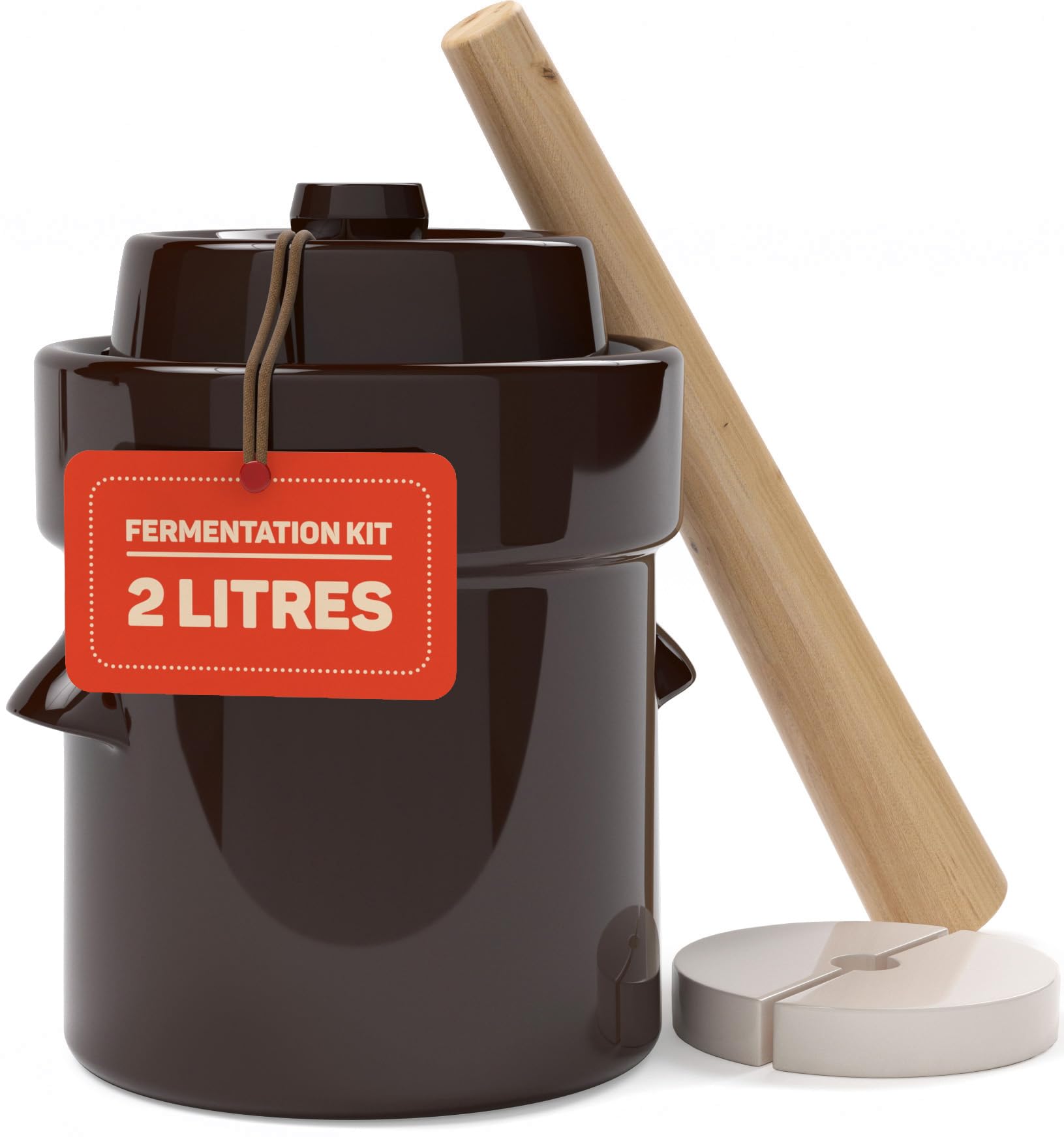 Kenley Fermentation Crock Jar 2 Litre - Stoneware Pot for Fermenting or Pickling Kimchi, Sauerkraut, Pickles, Vegetables, Kombucha - Ceramic Fermenter with Weights, Lid & Pounder