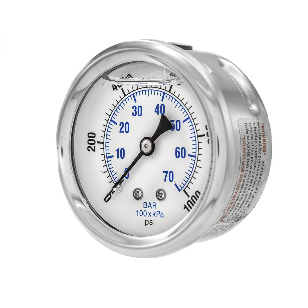 PIC Gauge PRO-202L-254M Glycerin Filled Industrial Center Back Mount Pressure Gauge with Stainless Steel Case, Brass Internals, Plastic Lens, 2-1/2" Dial Size, 1/4" Male NPT, 0/1000 psi