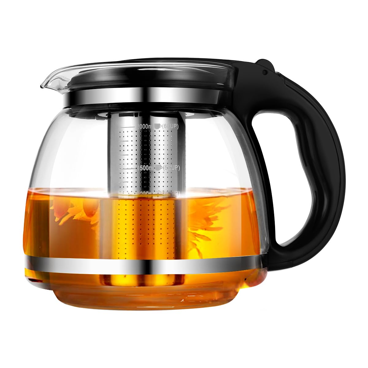 OUNONA Glass Teapot Stainless Steel Filter Handle Heat Resistant 2000ml (Black)