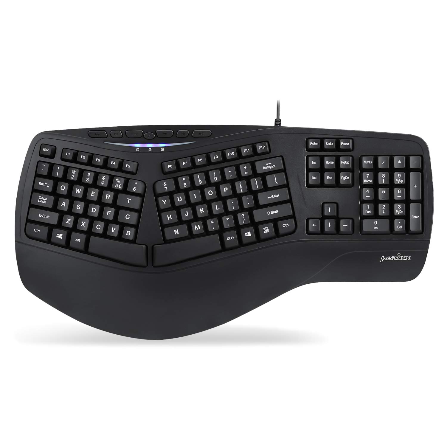 perixx PERIBOARD-312 Ergonomic Backlit Keyboard - Wired USB with 2 Hubs - Natural Ergonomic Split Design - White LED - Black