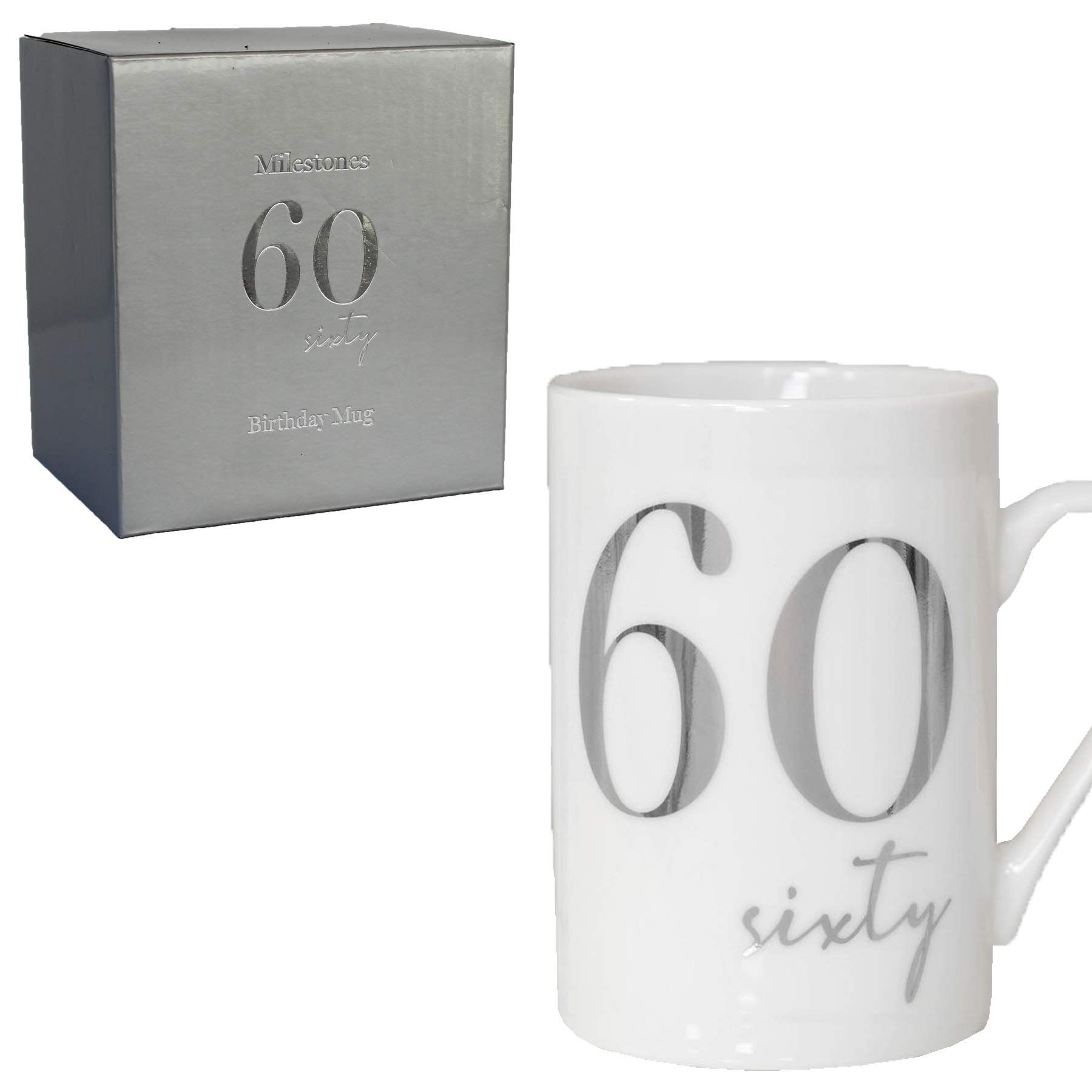 White Bone China Mug with Silver Foil Number - 60th Sixty 60 Birthday