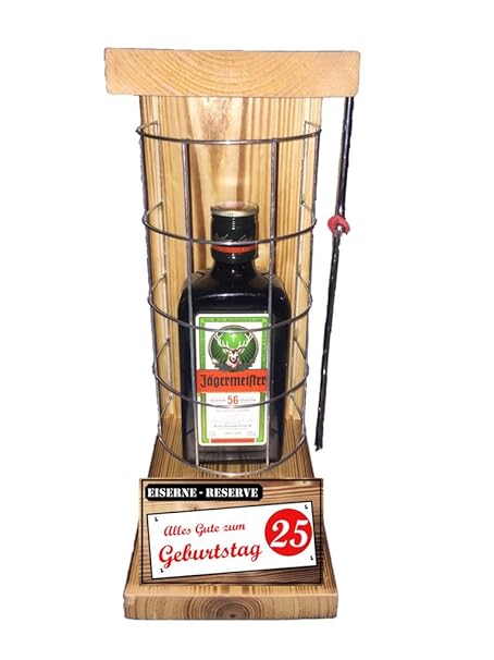 'Alles Gute zum 25 Geburtstag' Die Eiserne Reserve mit einer Flasche Jägermeister 0,35L incl. Bügelsäge zum aufschneiden des 