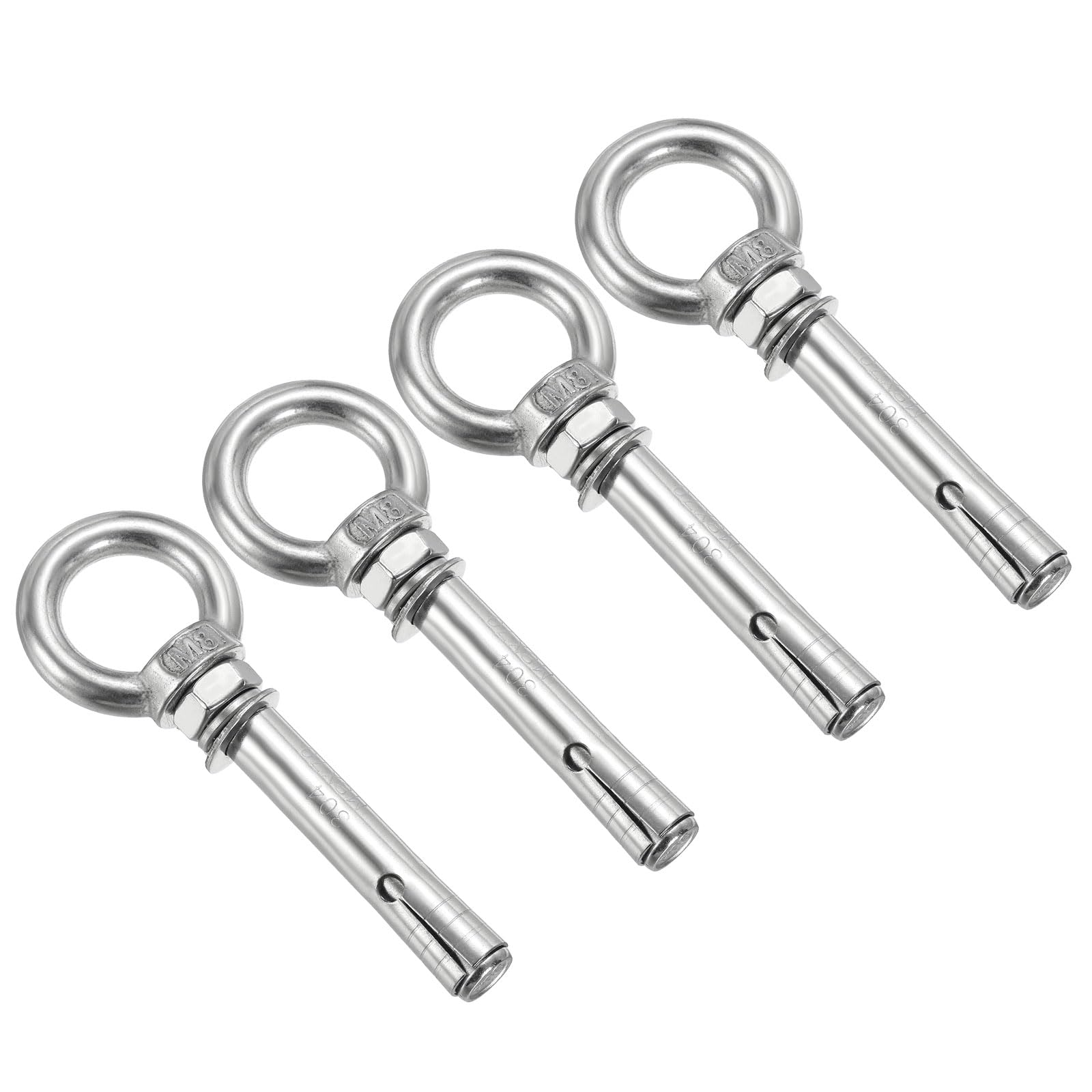 PATIKIL Expansion Eye Bolt M8x70mm, 4 Pack 304 Stainless Steel Shoulder Anchors Eyebolt Screw with Eye Ring for Concrete Brick Walls Canopy Engineering Rigging Silver