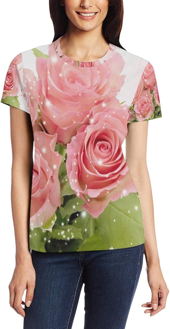 Pink Rose Sparkles Heart Women's Casual TShirt Short Sleeve Tunic Tops