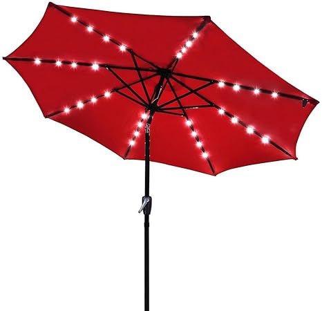 Amazon Com Yescom 9 Outdoor Solar Powered Led Umbrella 8 Ribs W 32 Lights For Patio Garden Deck Crank Tilt Uv30 Red Garden Outdoor
