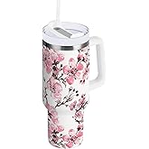 Oarencol 40 oz Tumbler with Handle Pink Cherry Blossoms Vintage Flower Florals Insulated Water Bottle with Straw Lid Vacuum Insulated Stainless Steel Travel Coffee Mug