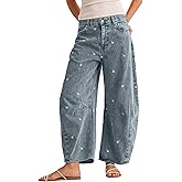 loveimgs Women Boyfriend Baggy Barrel Jeans Mid Rise Wide Leg Jeans Embroidered Denim Ankle Pants Patchwork Sweatpants Y2k