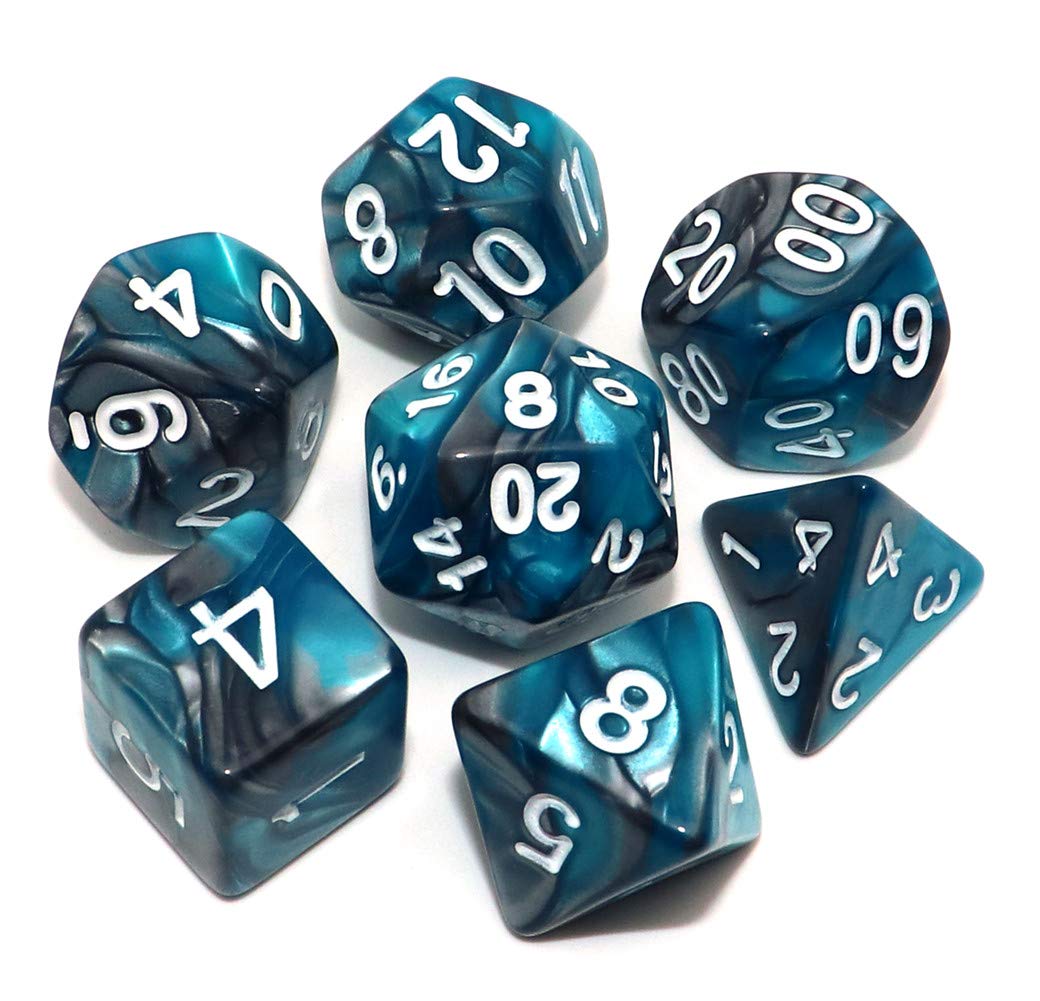 CREEBUY 7Pcs DND Dice Set Lake Blue & Silver RPG Polyhedral Dice for Dungeon and Dragons MTG D&D Role Playing Dice Set with D20 D12 D% D10 D8 D6 D4