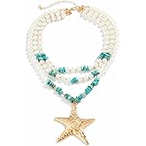 craftsmanscore Pearl Beaded Starfish Pendent Necklace Turquoise Mermaid Chunky Multilayer Necklace Summer Beach Jewelry for Women