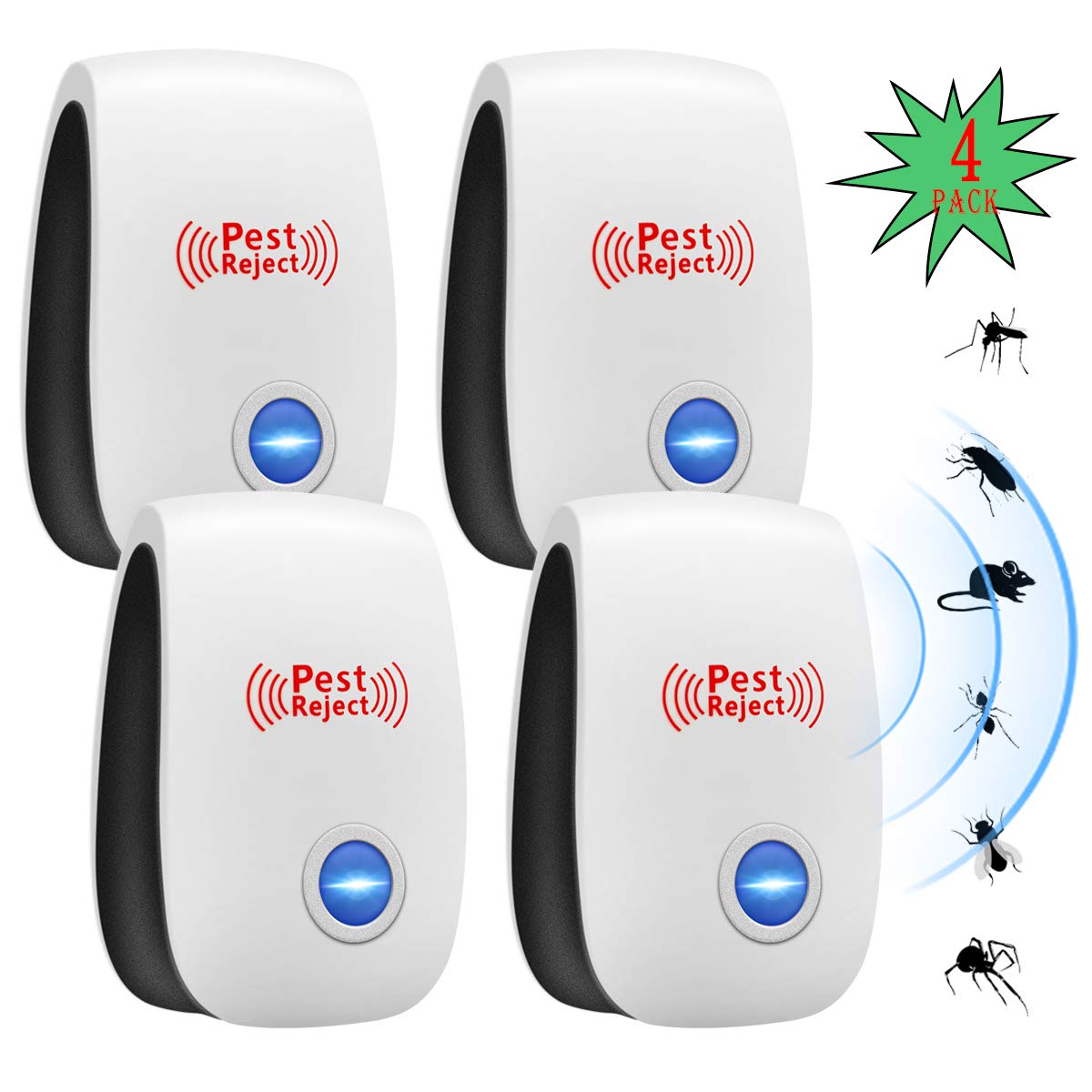 Ultrasonic Pest Repeller Plug in Indoor Ultrasonic Insect Repellent Mice and Rat Repellent Pest Repellent for Mosquitoes Cockroaches Ants Spiders Mice Termite other Pests,4pack