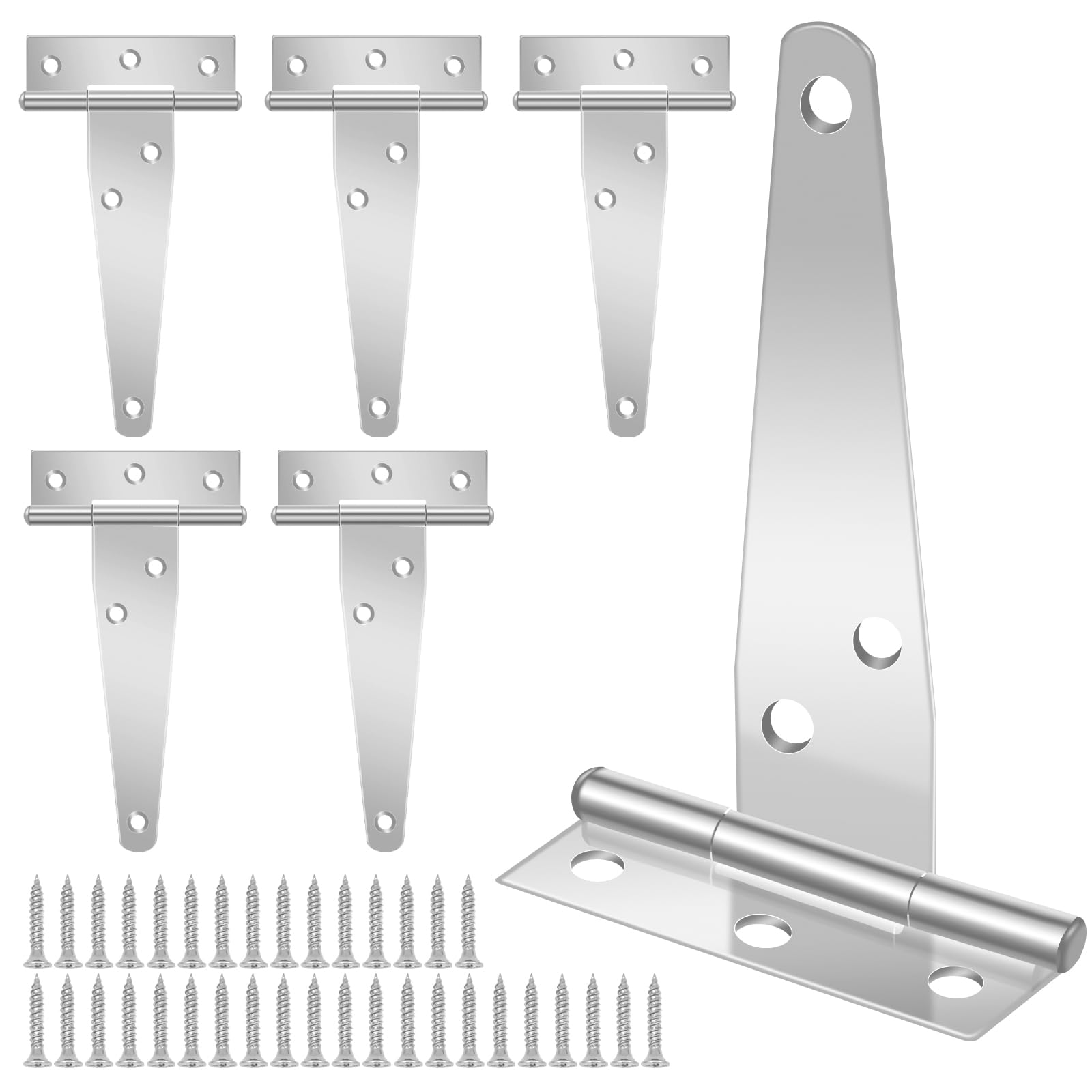 Shed Door Hinges, 6 Pack Heavy Duty T Strap Hinge Door Barn Gates Shed Hinges, Galvanized Metal Gate Hinges Rustproof for Gate Hardware Shed Doors Windows Storage Rooms（Sliver ,100mm/4inch）