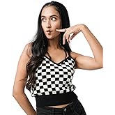 Novelle Fashion Womens Sleeveless Tank Top in Black/White Combo Medium Size | Fall Tops for Women in Checkerboard Pattern | Double Front & Back V-Neck Tank Tops for Casual wear & More
