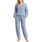 Snuggle Sac Womens Pajama Sets 2 Piece Cozy Winter Fluffy Fuzzy Pajamas V Neck Long Sleeve Lounge Set