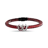 True Religion Simulated Red Leather Double Horseshoe 9 Inch Long Bracelet for Men Stainless Steel