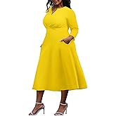 Nmoder Women's Plus Size Stretchy Flared Wrap Dress Casual Wedding Guest Midi Dresses V Neck 3/4 Sleeve A-Line Swing Dress
