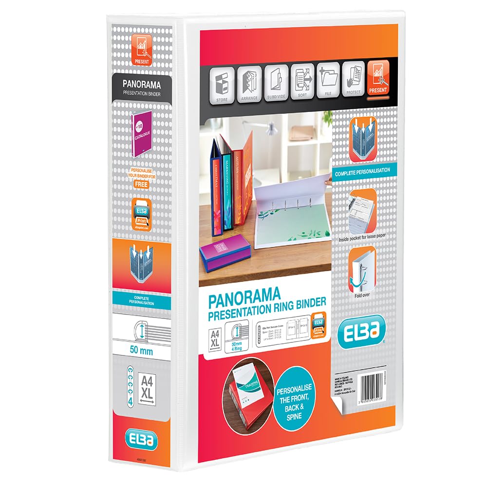 Elba A4+ 4 D-Ring Lever Arch File, 50mm capacity, 70mm spine, Presentation Folder with Customisable Cover, Portrait, White (Single)