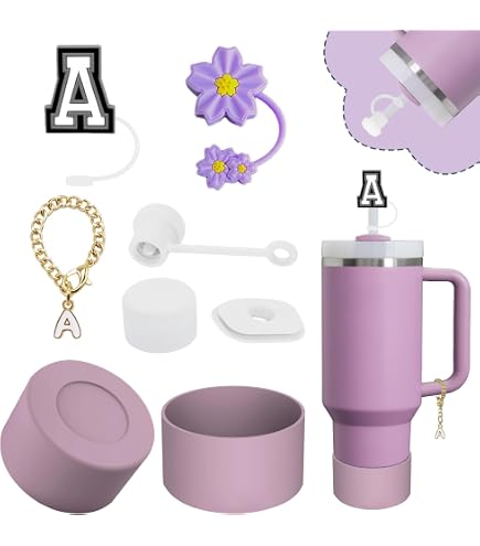Stanley Cup Accessories Set For Tumbler Stanley, Including 10mm Butterfly Straw Cover, Cup Letter Charms, Bling Silicone Boot, Letter Sticker And Butterfly Embroidered Sticker (Lilac Purple, Letter A