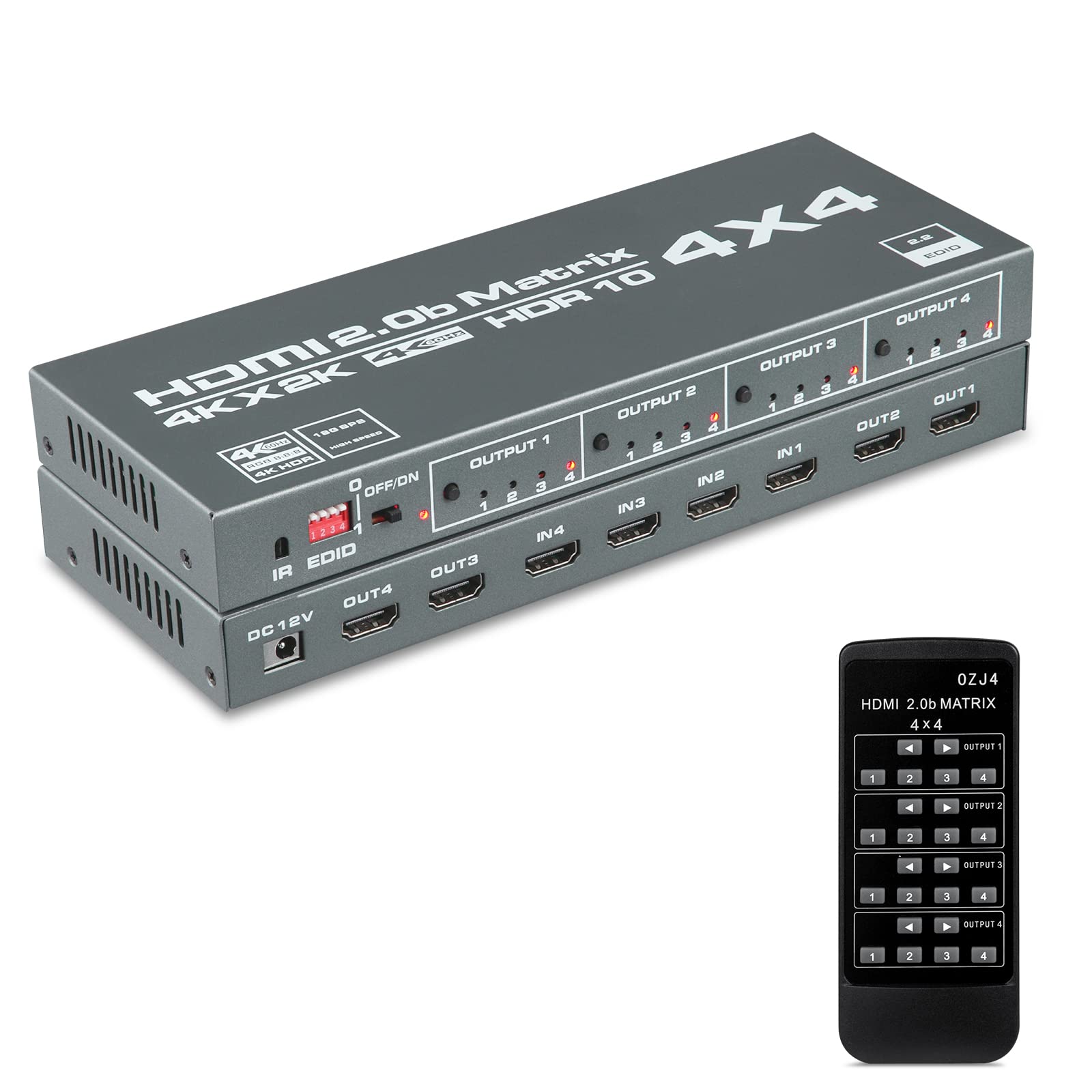 Swallows OZJ4 HDMI Matrix 4X4 , 4K HDMI 4 In 4 Out Matrix HDMI 2.0 Matrix Switcher 4x4 Ports 4K@60Hz Support 4K Dolby Vision HDR HDCP 2.2 Support Remote Control(Gray blue)