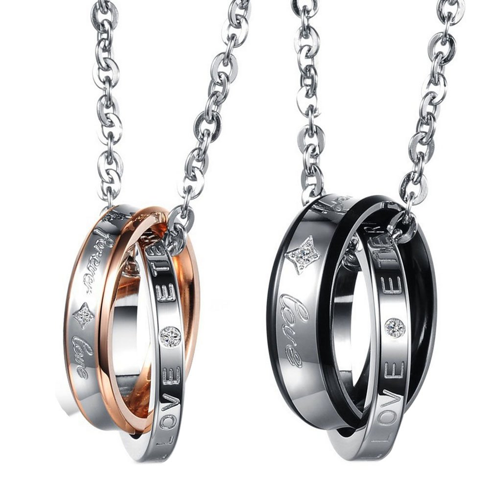 Cupimatch 2-Piece Stainless Steel Forever Love Interlocking Ring Band Pendant Couples Necklaces Valentine's Gift with 18" & 20" Chain — image 1