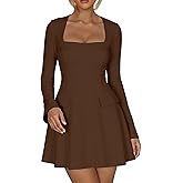 Kaximil Women's Long Sleeve Square Neck Mini Dress A Line Ruffle Work Short Party Dresses