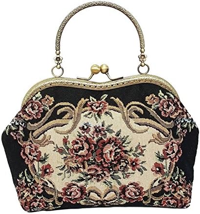 CrystalXY Handmade Wedding Clutch Purse Party Elegant Vintage Flowers Print Portable Kiss Lock Handbags