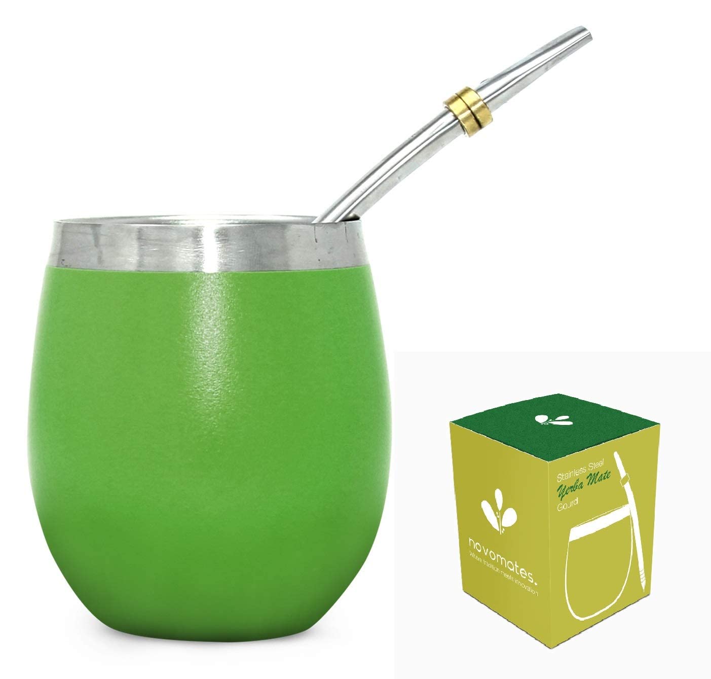 Novomates [NEW] Yerba Mate Gourd - Best Yerba Mate Set - Includes Stainless Steel Yerba Mate Cup with Stainless Steel Mate Bombilla Straw - 237ml, Green