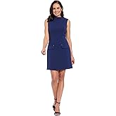 London Times Womens Sleeveless Round Neck Sheath Dress with Welt Pockets - Professional Work Dresses