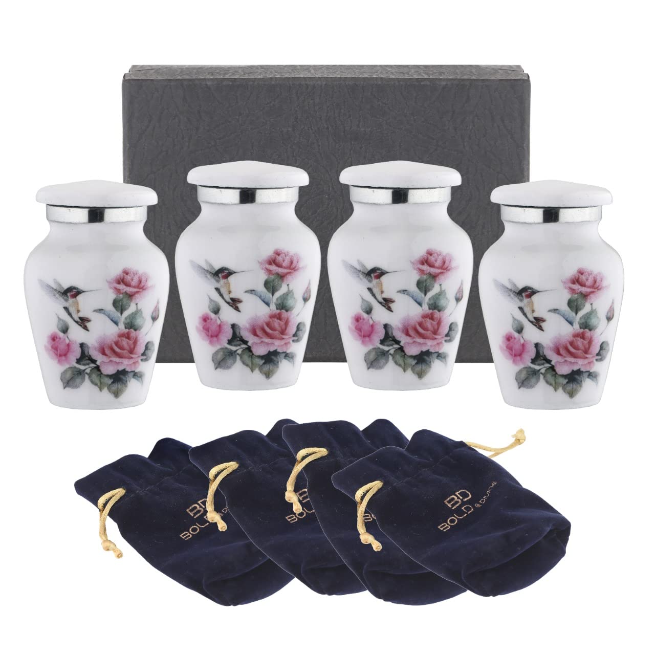 BOLD & DIVINE Hummingbird Printed White Keepsake Urns | Small | Mini Urns Set of 4 | For Human or Pet Ashes