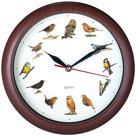 Deuba Wanduhr Kinder Uhr mit Vogelstimmen I 12 Vögel als Ziffern I Jede volle Stunde Vogelgesang I Lerneffekt I Holz Look