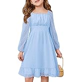Haloumoning Girls Long Sleeve Dress Kids Ruffle Tiered Dress Swiss Dot Flowy A Line Dresses 5-14 Years