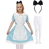 BesserBay Halloween Girls Puff Sleeve Tie Waist Peter Pan Collar Blue Dress with Headband Stockings 4-14 Years